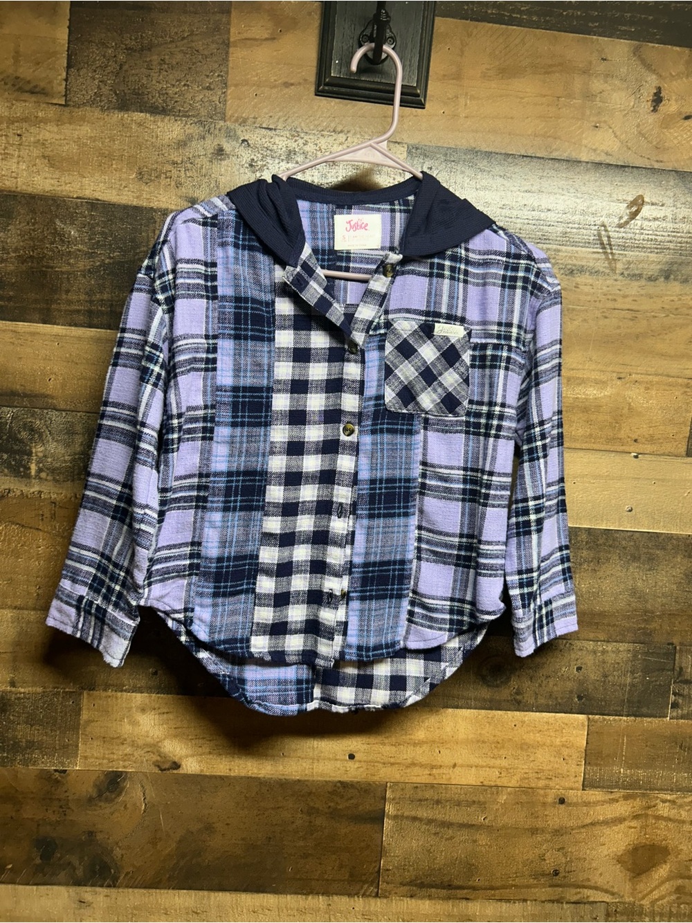 Justice Purple & Navy Plaid Hooded Button-Down Shirt